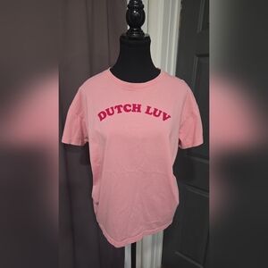Dutch Bros Pink Tee with Bold Red Lettering